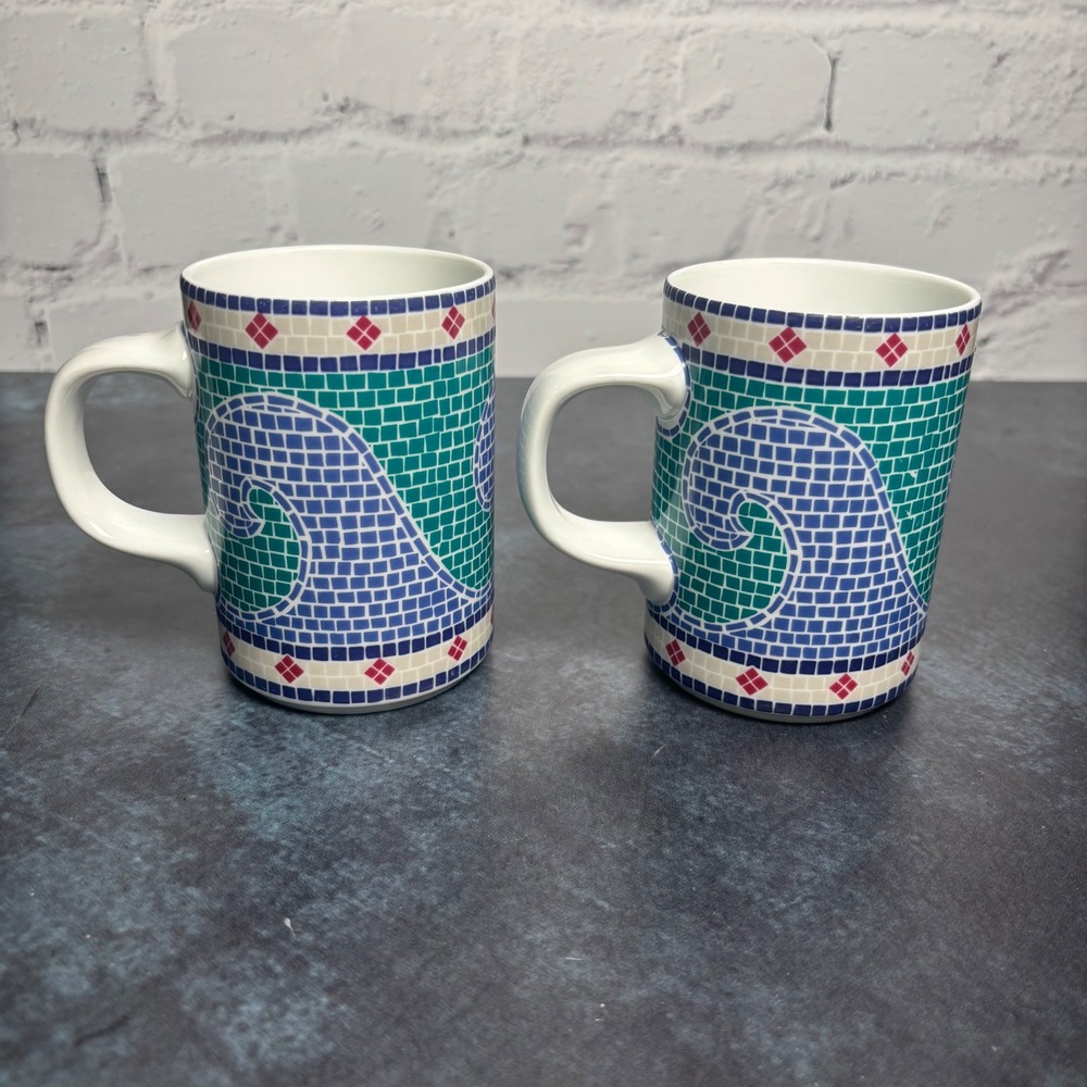 Dansk Vintage 90's Mosaic Waves Coffee Mugs Beachy Coastal, Set of 2 - Picture 3 of 7